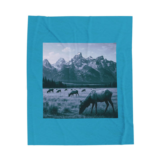 Rustic Elk Mountain Throw Blanket Wildlife Lodge Cabin Decor, Nature Scene Bed Cover, Elk Herd Western Gift  Velveteen Plush Blanket