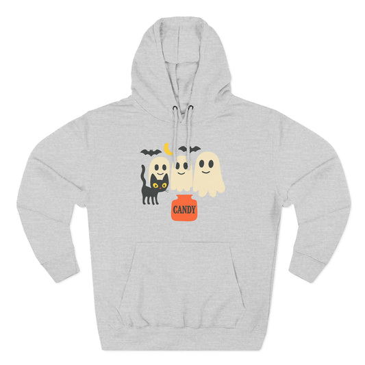 Halloween Three-Panel Fleece Hoodie, Ghost Black Cat Long Sleeve Unisex, Scary Bat Costume Sweatshirt, Trick or Treat Candy Bucket Jacket,