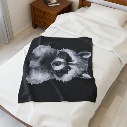 Black and White Raccoon Velveteen Plush Blanket | Cute Animal Face Throw