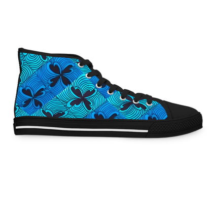 Blue Floral Wave Pattern Women's High Top Sneakers | Tropical Hibiscus Swim