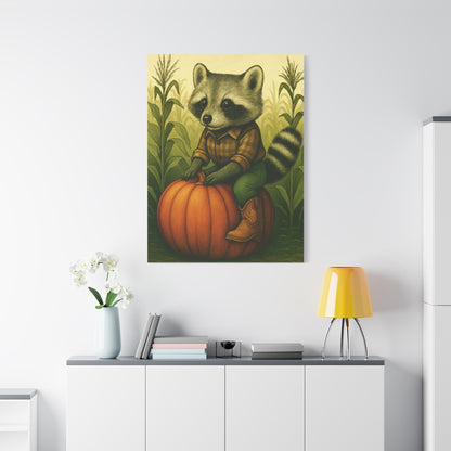 Matte Canvas Cowboy Harvest Raccoon on Pumpkin in Cornfield Green 8x10 - many sizes
