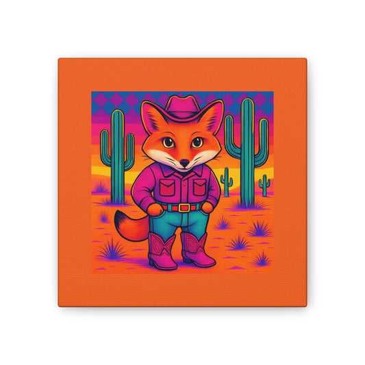 Canvas Stretched, Cute Animated Fox Cowboy in Desert with Cactus Bright Colors on Canvas, Western Wall Art Decor, Nursery Room Decor,