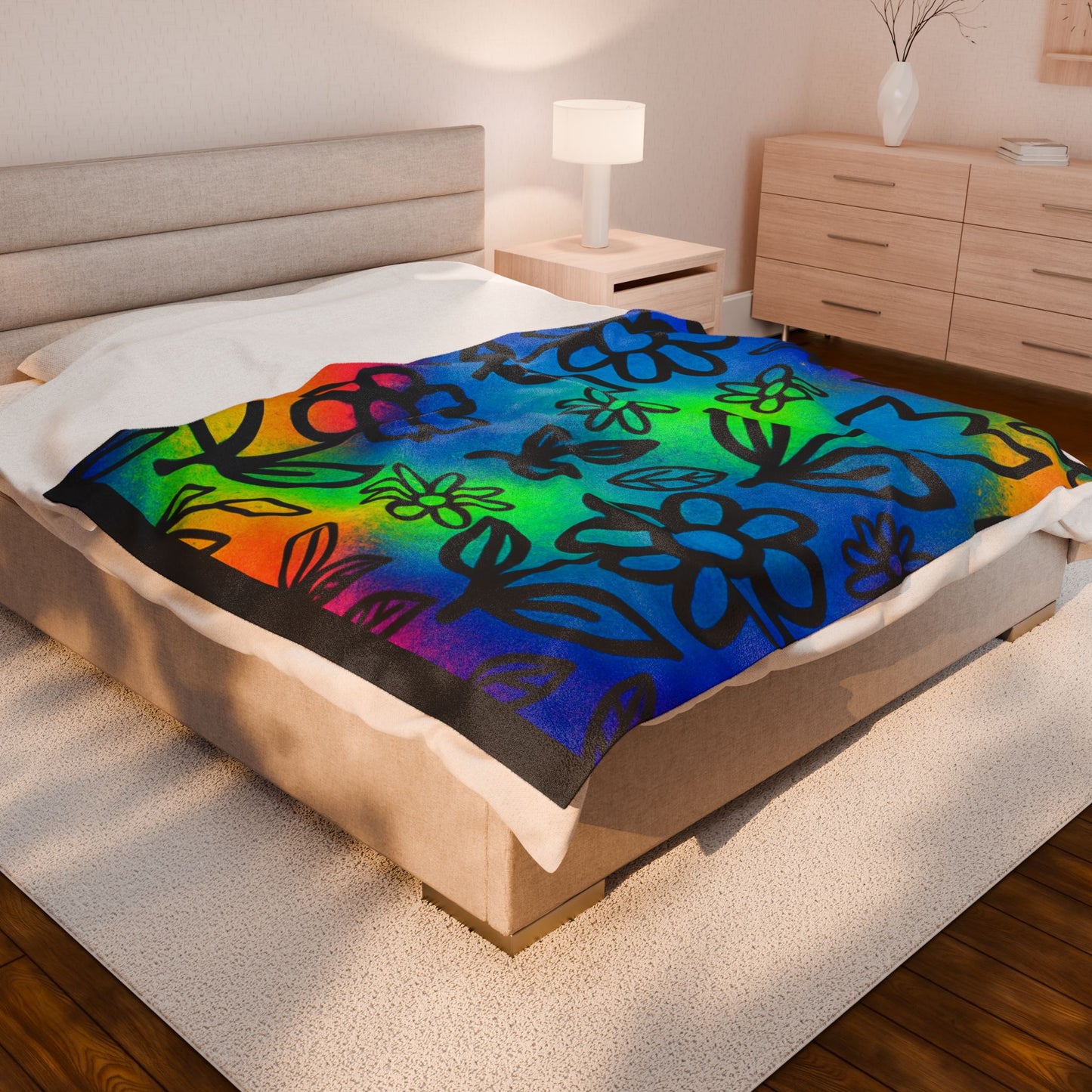 Rainbow Floral Plush Blanket | Colorful Cozy Soft Throw