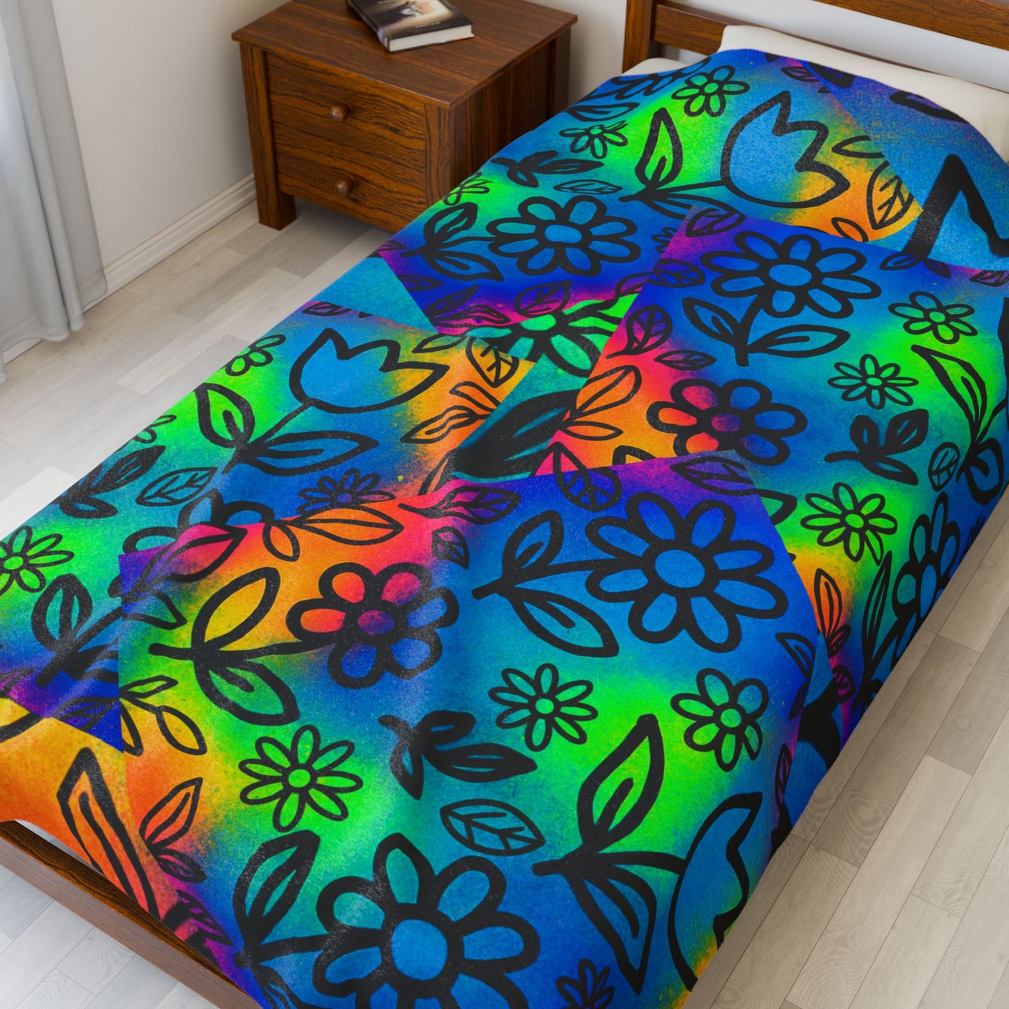 Rainbow Floral Plush Blanket | Colorful Cozy Soft Throw