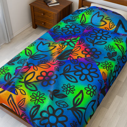 Rainbow Floral Plush Blanket | Colorful Cozy Soft Throw