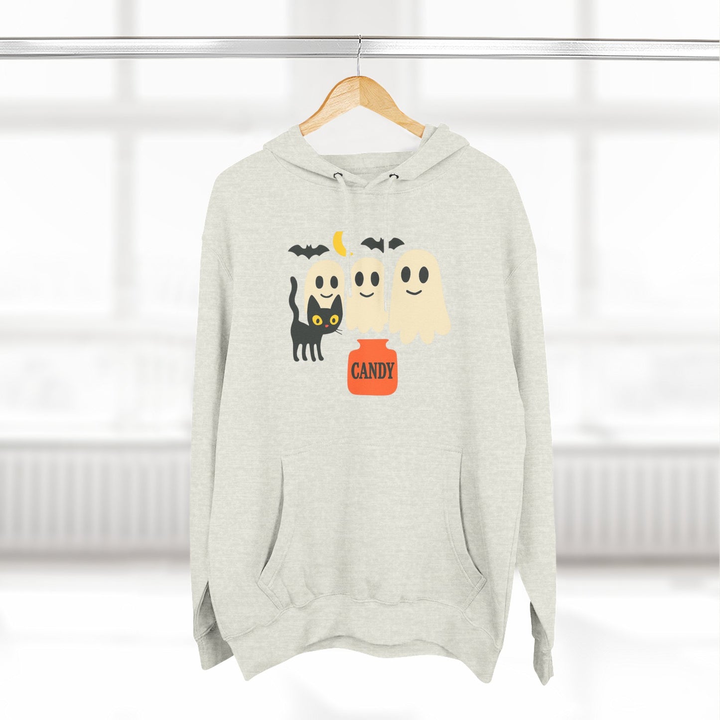 Halloween Three-Panel Fleece Hoodie, Ghost Black Cat Long Sleeve Unisex, Scary Bat Costume Sweatshirt, Trick or Treat Candy Bucket Jacket,
