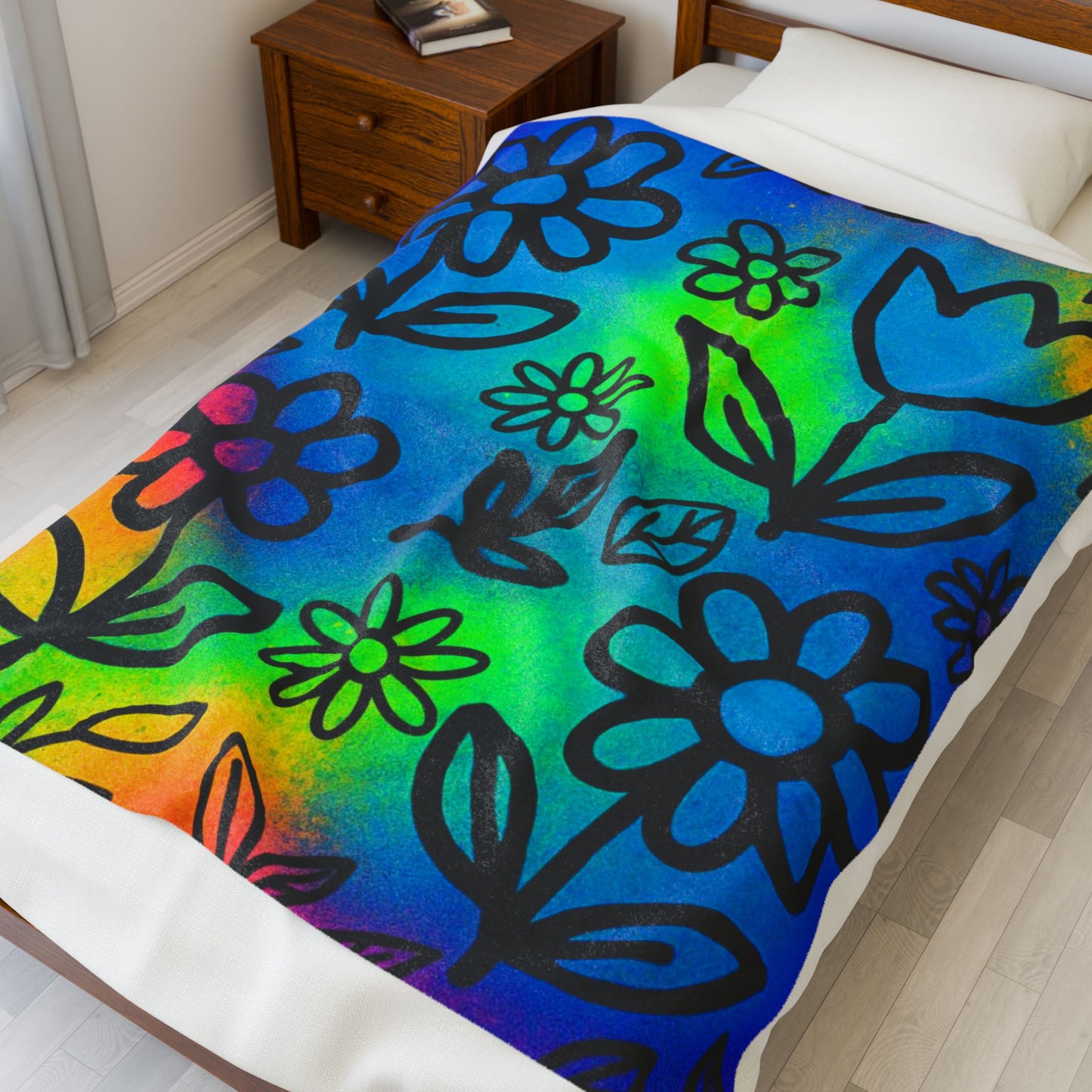 Rainbow Floral Plush Blanket | Colorful Cozy Soft Throw