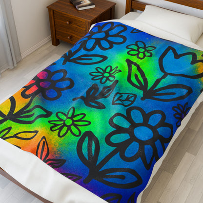 Rainbow Floral Plush Blanket | Colorful Cozy Soft Throw
