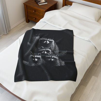 Black and White Raccoon Wall Art Print Four Curious Raccoons in Tree Wildlife Nature Home Decor Velveteen Plush Blanket