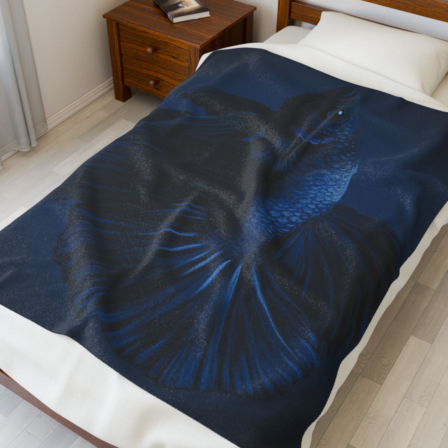 Blue Betta Fish Velveteen Plush Blanket | Dark Aquatic Fish Illustration