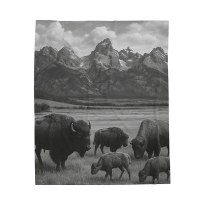 Rustic Bison Mountain Blanket Western Wildlife Lodge Cabin Decor, Cozy Buffalo Herd Bed Throw, Nature Inspired Rustic Bedding