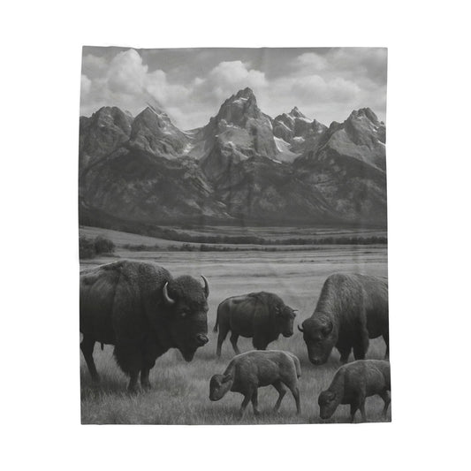 Rustic Bison Mountain Blanket Western Wildlife Lodge Cabin Decor, Cozy Buffalo Herd Bed Throw, Nature Inspired Rustic Bedding