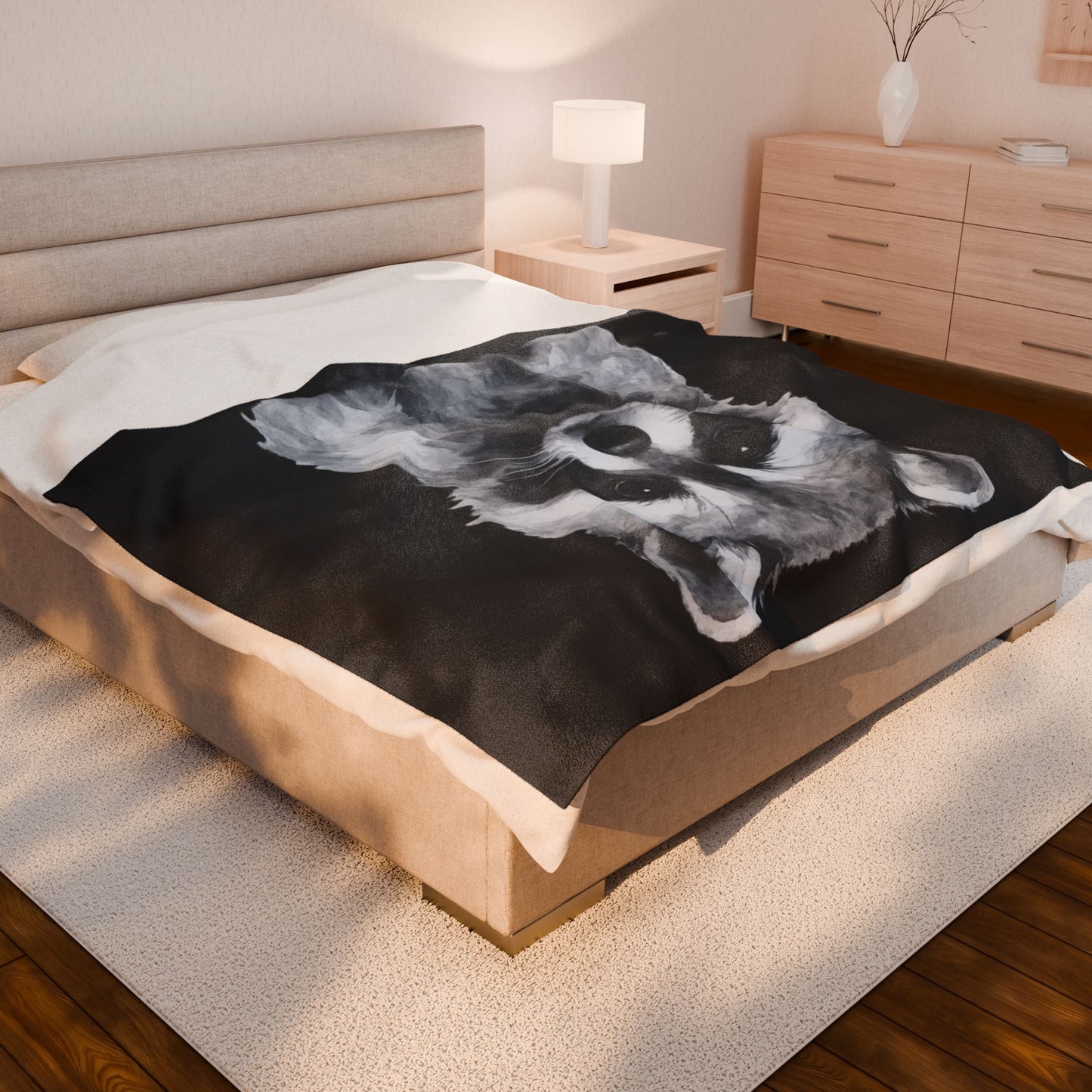 Black and White Raccoon Velveteen Plush Blanket | Cute Animal Face Throw