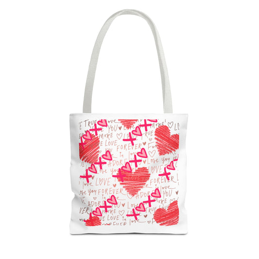 Red Scribble Hearts Tote Bag | Love Phrase Pattern