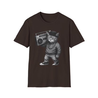 Black & White Boombox Cat T Shirt Hip Hop Streetwear Graphic Tee for Music Lovers Unisex Soft style T Shirt