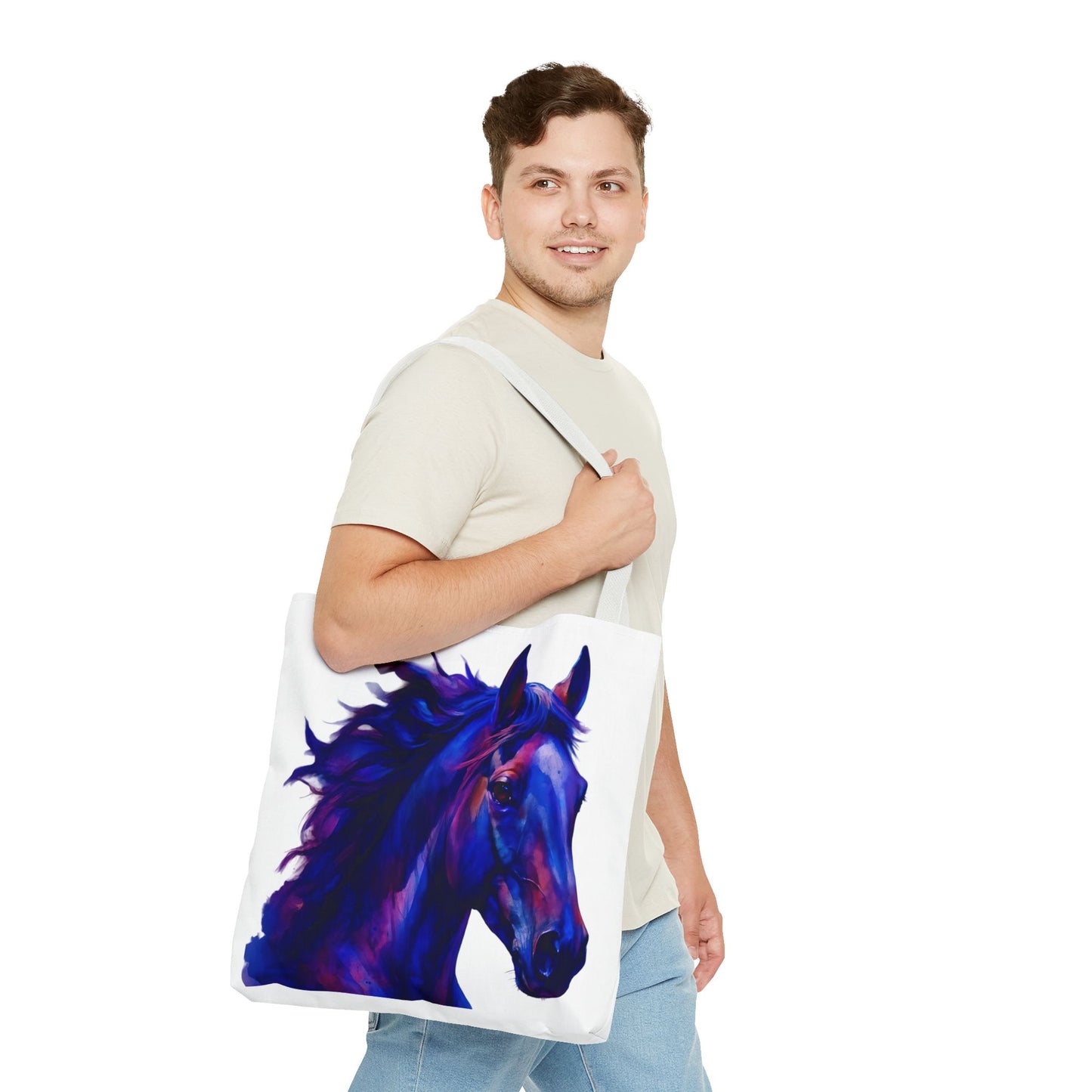 Bold Horse Tote Bag, Vibrant Blue & Purple Wild Spirit Artwork