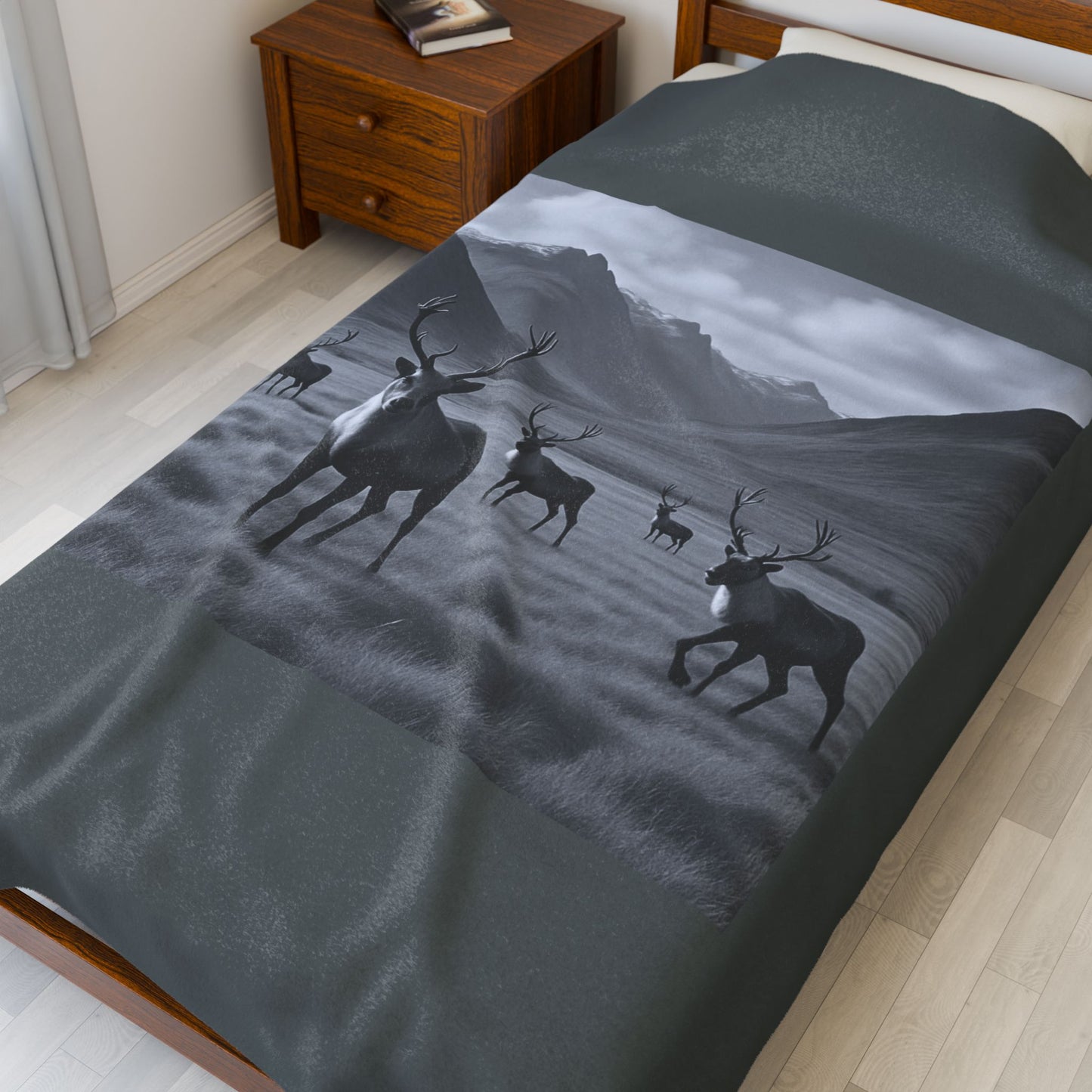 Black and White Deer Mountain Blanket Cozy Wildlife Lodge Cabin Plush Velveteen Throw for Rustic Home Décor