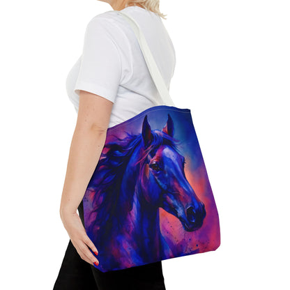 Bold Horse Tote Bag, Vibrant Blue & Purple Wild Spirit Artwork