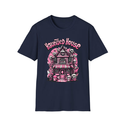Haunted House Halloween T-Shirt  Pink Spooky Gothic Unisex Softstyle T-Shirt Men Women Teen College Student Highschool