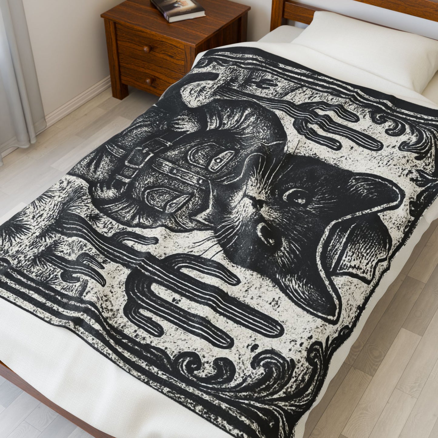 Black Cat Cowboy illustration Velveteen Plush Blanket | Western kitten art, vintage woodcut style