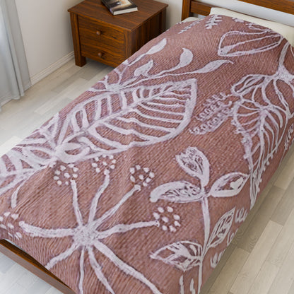 Blush Botanical Leaves Velveteen Plush Blanket | White Floral Outline