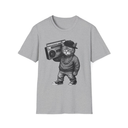 Black & White Boombox Cat T Shirt Hip Hop Streetwear Graphic Tee for Music Lovers Unisex Soft style T Shirt