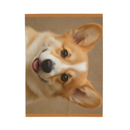 Smiling Corgi Face Velveteen Plush Blanket | Dog Portrait Throw
