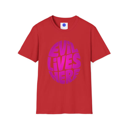 Evil Lives Here Halloween T-shirt, Spooky Retro Style, Mens