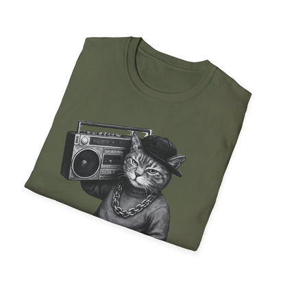 Black & White Boombox Cat T Shirt Hip Hop Streetwear Graphic Tee for Music Lovers Unisex Soft style T Shirt