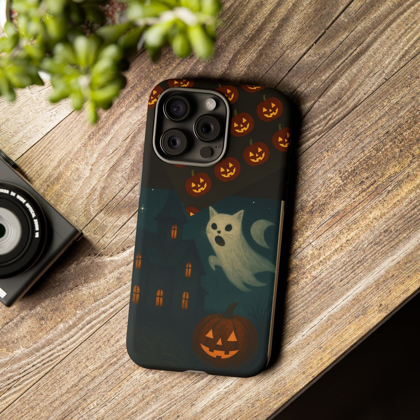 Phone Case, Halloween Haunted House Cat Ghost  iPhone 16, 15, 14, Pixel 8, 6 Samsung Galaxy 25, 24, 23