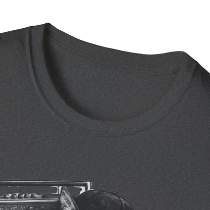 Black & White Boombox Cat T Shirt Hip Hop Streetwear Graphic Tee for Music Lovers Unisex Soft style T Shirt