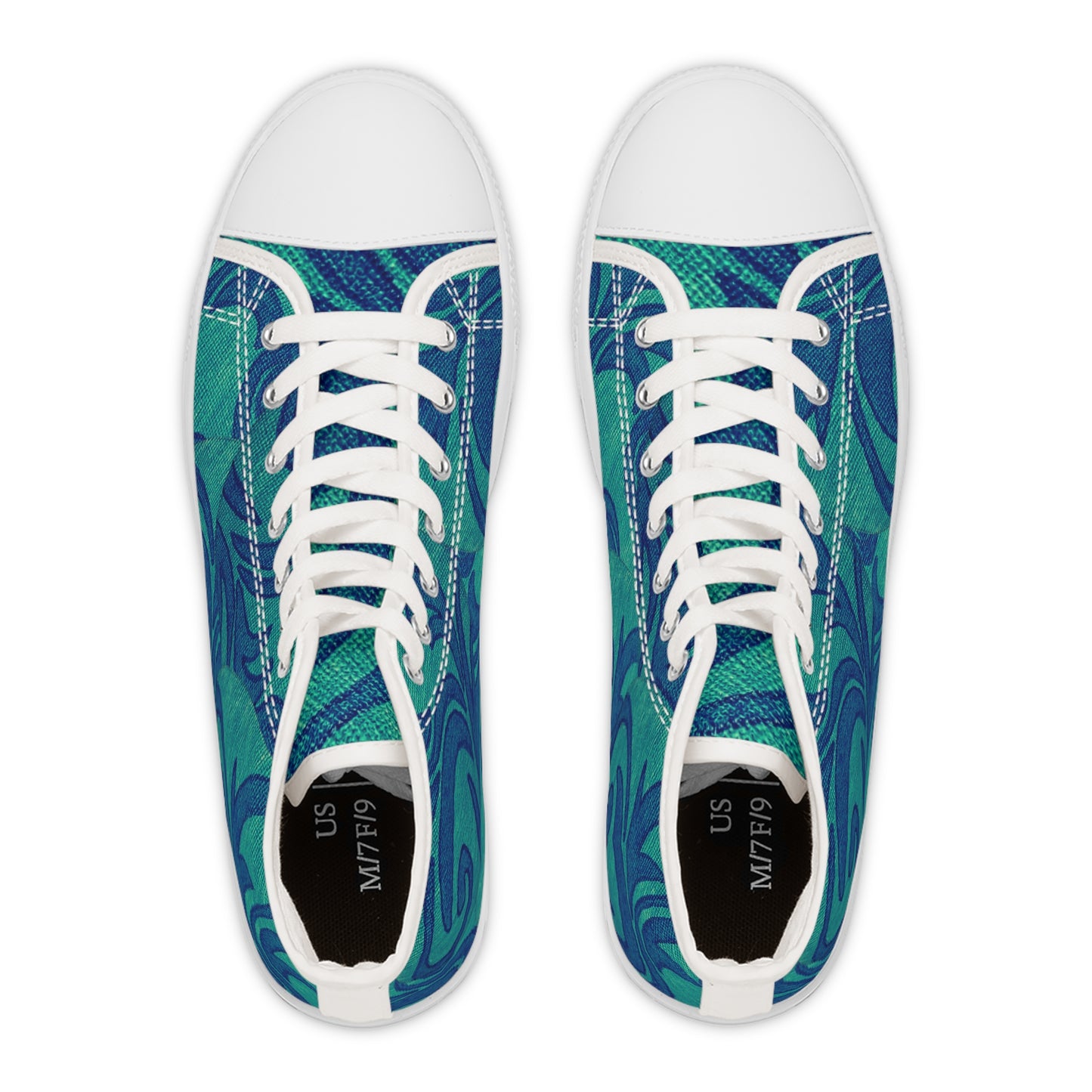 Teal Blue Swirl Pattern Women's High Top Sneakers | Abstract Floral Wave Design