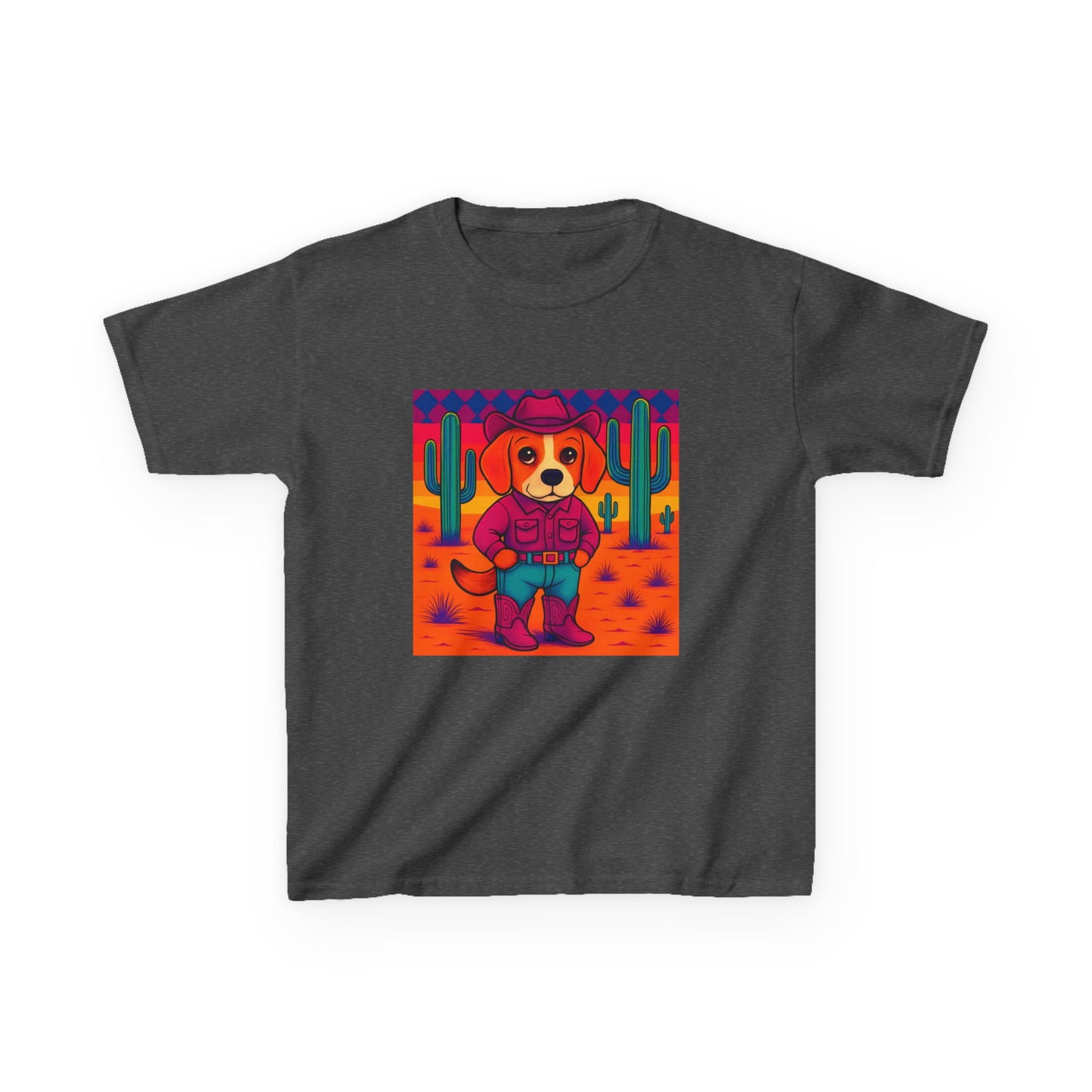 Cowboy Dog Kids T Shirt  Unisex Western Puppy Shirt  Birthday Rodeo Tee Fun Animal Graphic for Boys Girls Kids Heavy Cotton™ Tee
