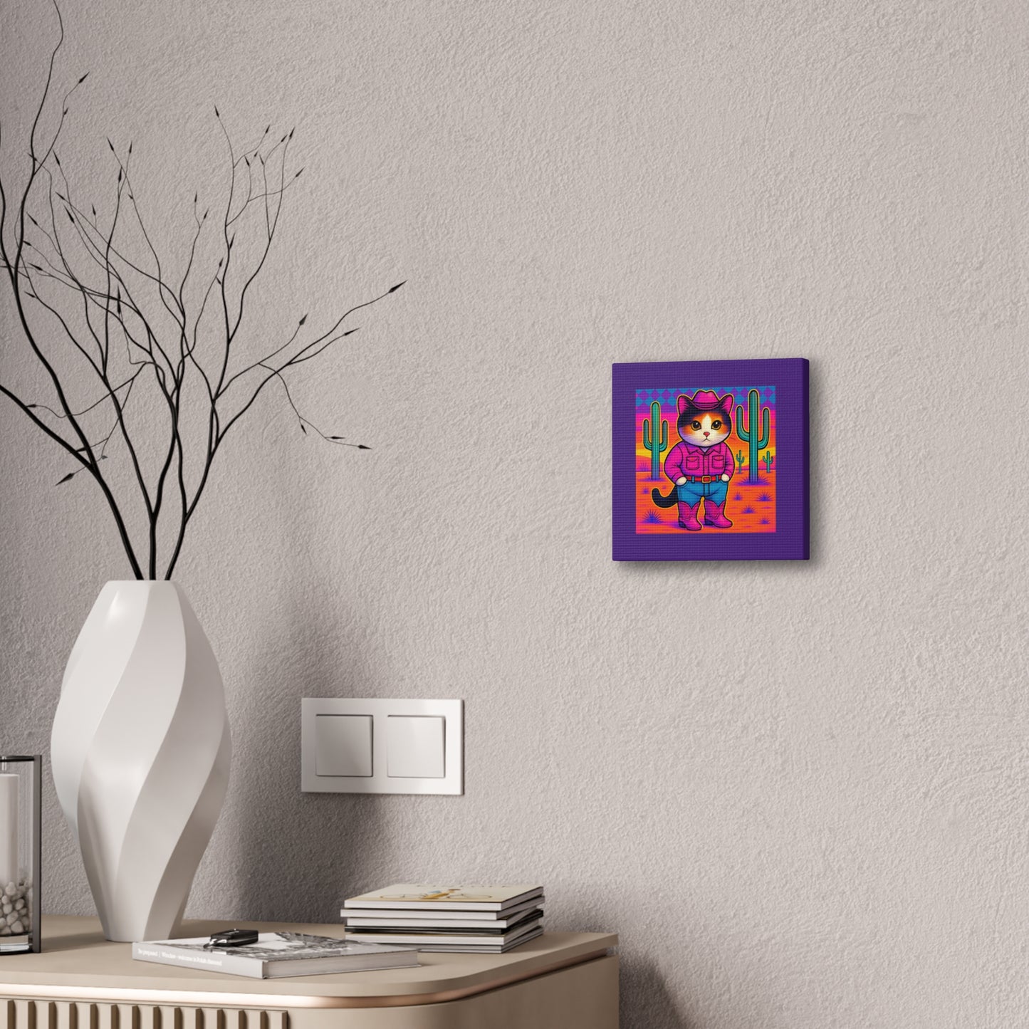Bright Colored Cowboy Cat with Cactus Canvas stretched 8x8