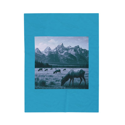 Rustic Elk Mountain Throw Blanket Wildlife Lodge Cabin Decor, Nature Scene Bed Cover, Elk Herd Western Gift  Velveteen Plush Blanket