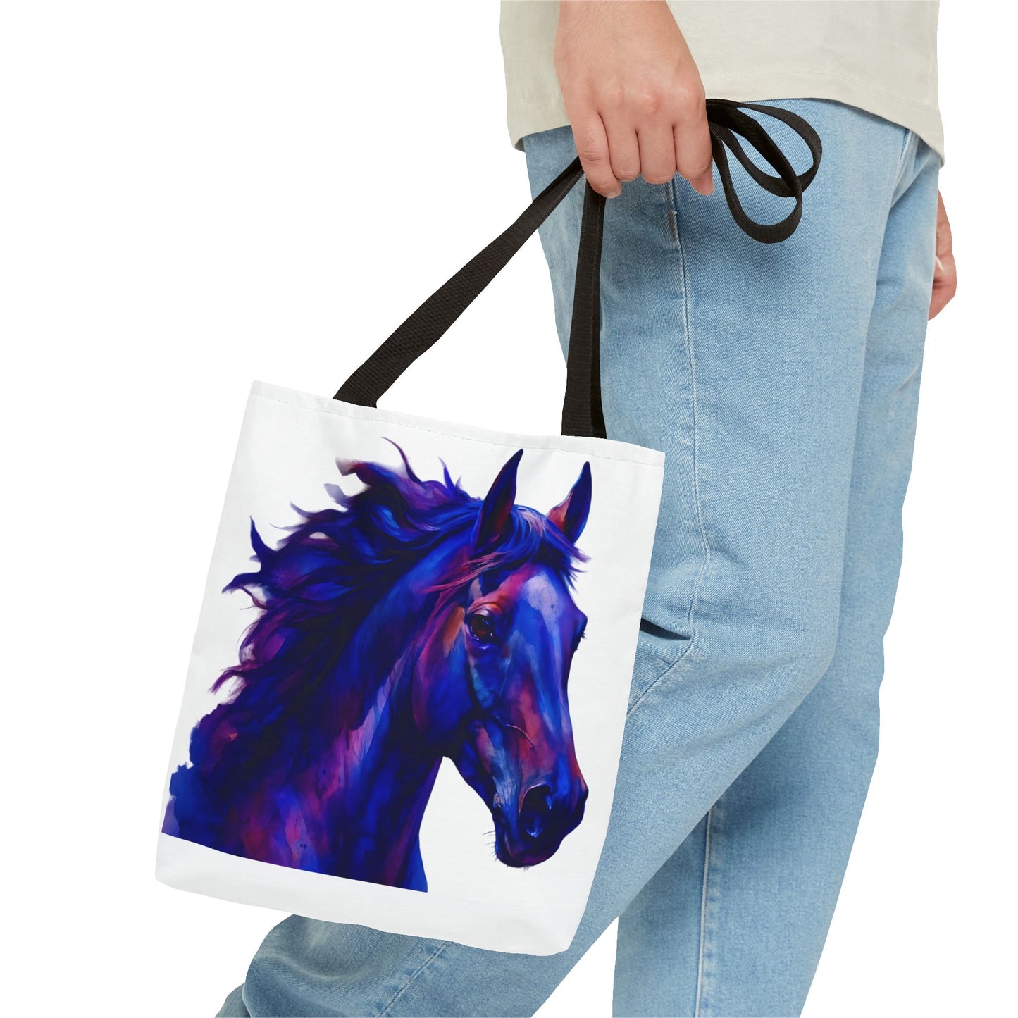 Bold Horse Tote Bag, Vibrant Blue & Purple Wild Spirit Artwork
