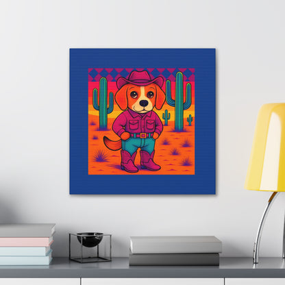 Canvas Stretched, Bright Colored Cowboy Dog in Desert Cactus, Cute Whimsical Wall Art, Home Decor, Western Animal Print, Dog Lover Gift