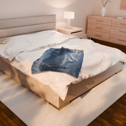 Snowy Mountain Landscape Velveteen Plush Blanket | Winter Pines Scene