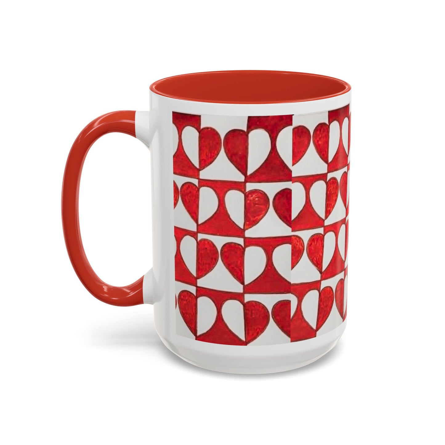 Red Heart Pattern Accent Coffee Mug | Checkerboard Valentine Ceramic Mug