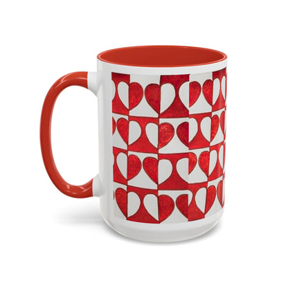 Red Heart Pattern Accent Coffee Mug | Checkerboard Valentine Ceramic Mug