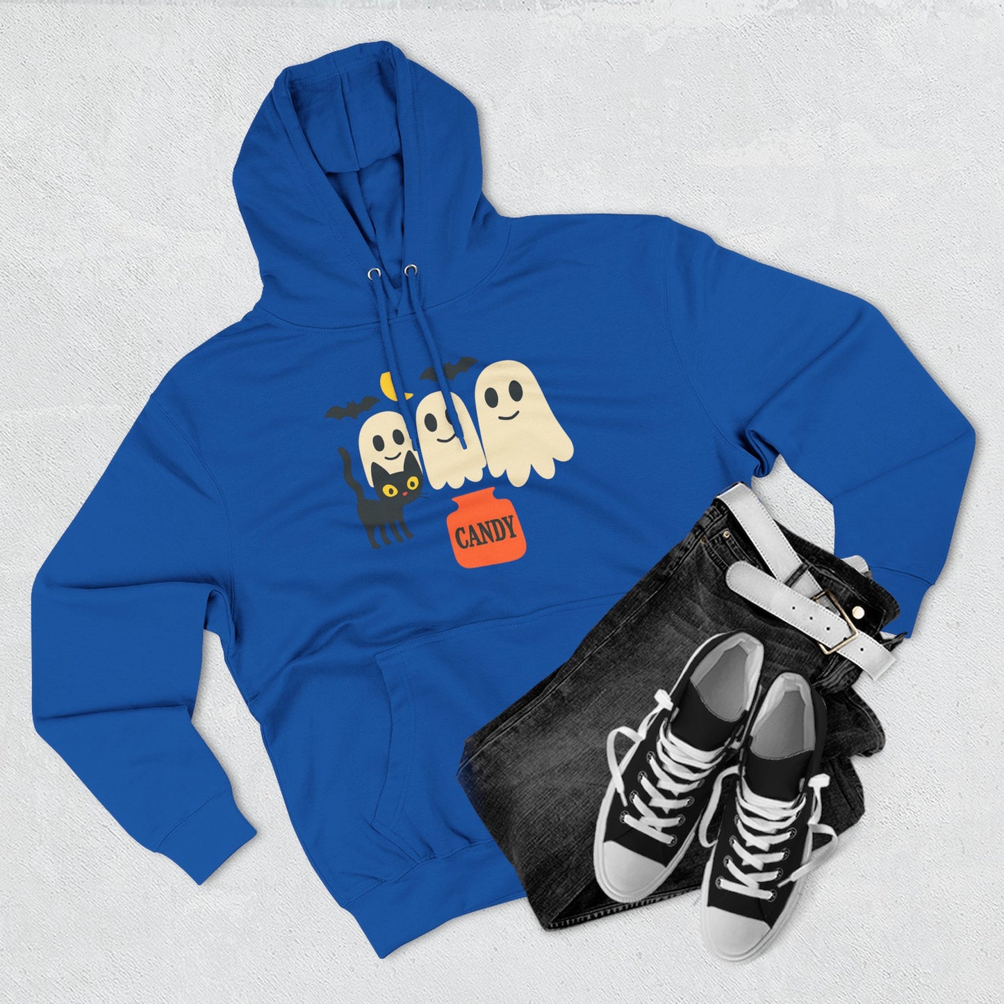 Halloween Three-Panel Fleece Hoodie, Ghost Black Cat Long Sleeve Unisex, Scary Bat Costume Sweatshirt, Trick or Treat Candy Bucket Jacket,