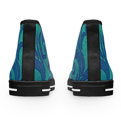 Teal Blue Swirl Pattern Women's High Top Sneakers | Abstract Floral Wave Design