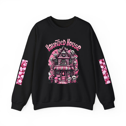 Haunted House Skull Sweatshirt Pink - Spooky Cute Pink & Black Aesthetic, Men, Women, Pink Skull,