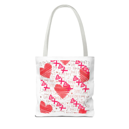 Red Scribble Hearts Tote Bag | Love Phrase Pattern