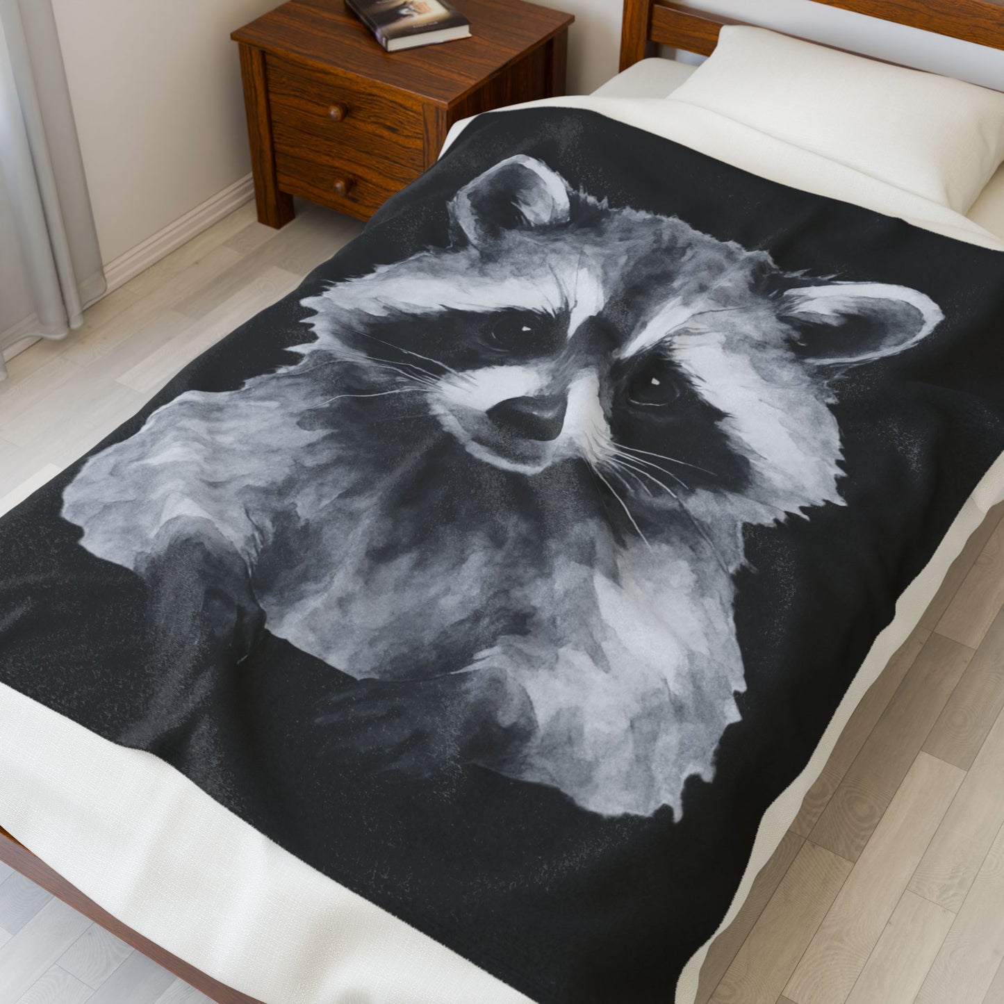 Black and White Raccoon Velveteen Plush Blanket | Cute Animal Face Throw