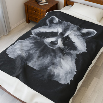 Black and White Raccoon Velveteen Plush Blanket | Cute Animal Face Throw