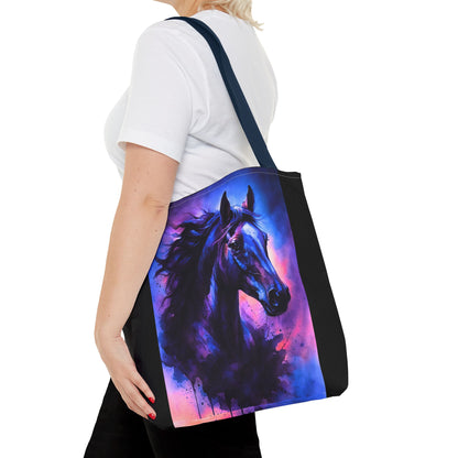 Bold Horse Tote Bag, Vibrant Blue & Purple Wild Spirit Artwork