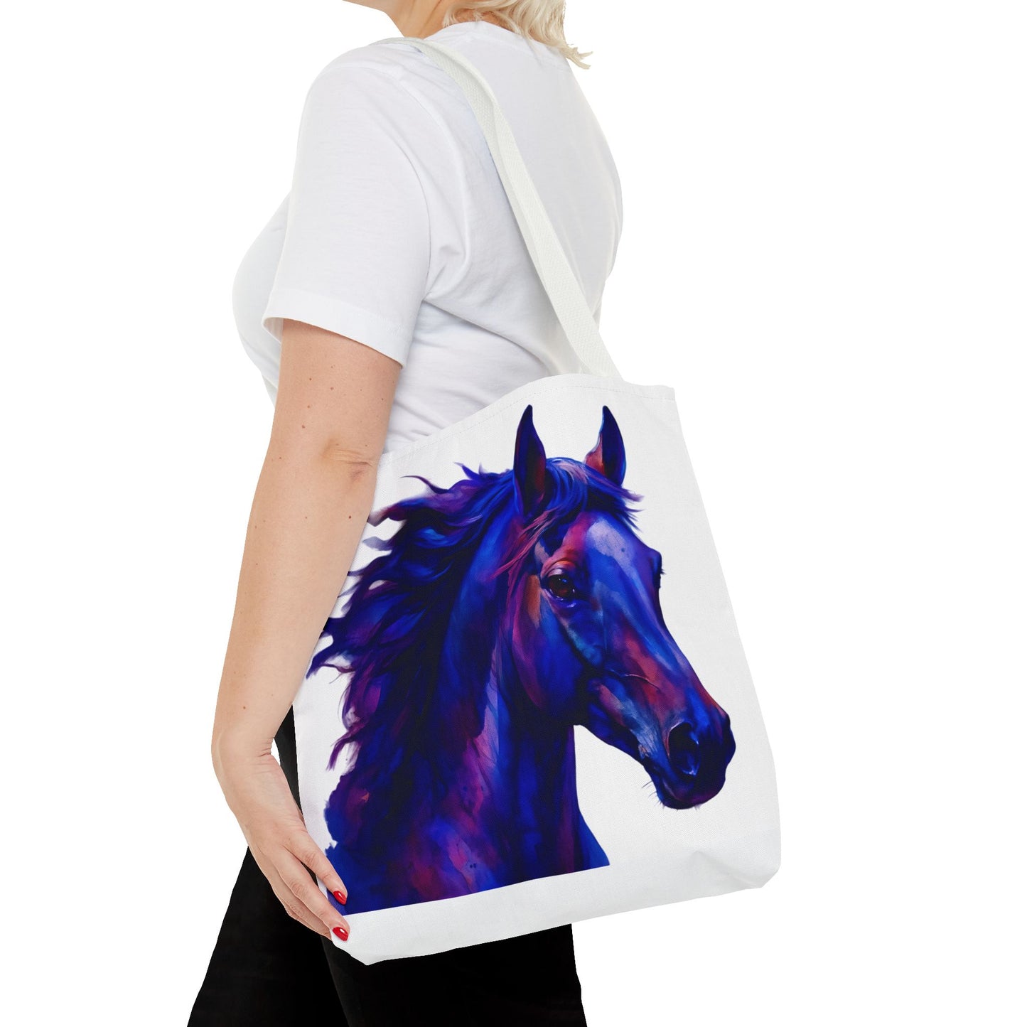 Bold Horse Tote Bag, Vibrant Blue & Purple Wild Spirit Artwork