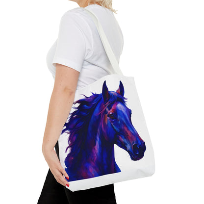 Bold Horse Tote Bag, Vibrant Blue & Purple Wild Spirit Artwork