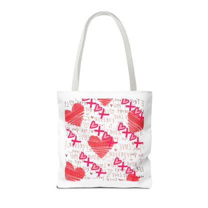 Red Scribble Hearts Tote Bag | Love Phrase Pattern